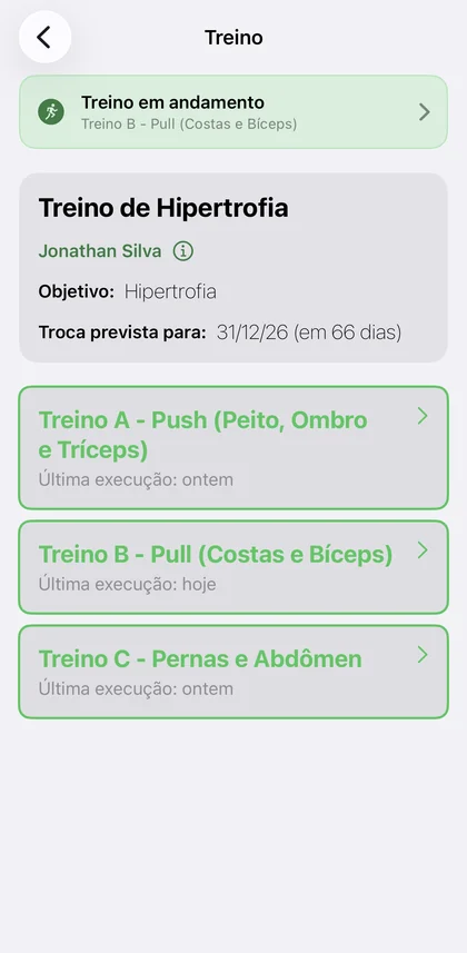 Client app showing the training program with sessions A, B, and C